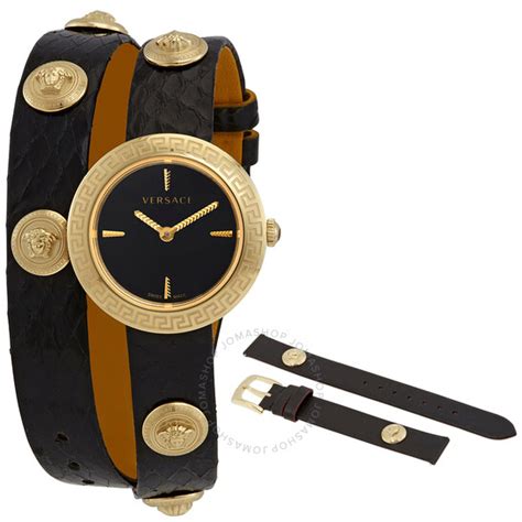 versace medusa stud icon quartz black dial ladies watch verf00318|Hands.